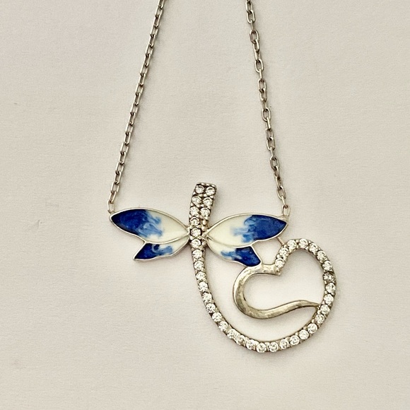 Jewelry - 925 Silver dragonfly heart necklace blue enamel cz